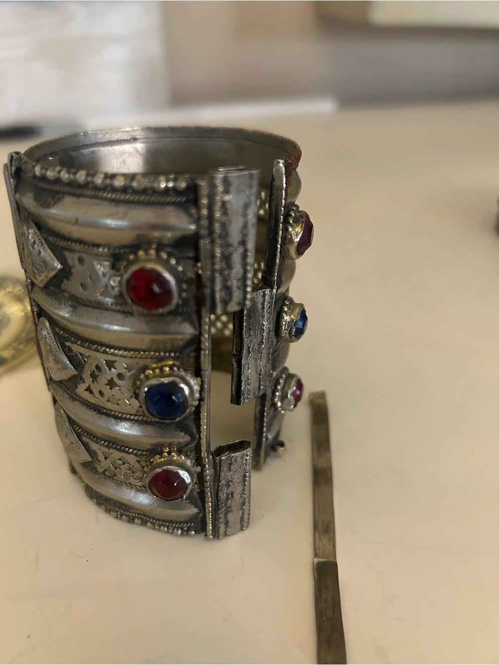 Vintage Indian Wear Silver-Tone Cuff Bracelet with Red and Blue Stones - Picture 6 of 10